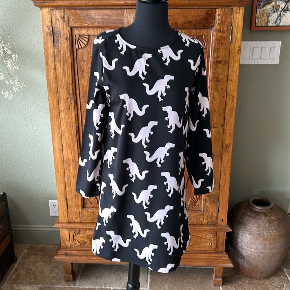 Black Mini Dress with White Dinosaur Print